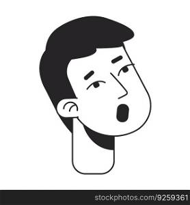 Surprised man with mouth open monochrome flat linear character head. Shocked young asian guy. Editable outline hand drawn human face icon. 2D cartoon spot vector avatar illustration for animation. Surprised man with mouth open monochrome flat linear character head