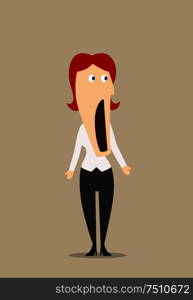 Surprised or amazed redhead businesswoman standing with wide open mouth in confusion. Cartoon flat character. Surprised or amazed redhead businesswoman