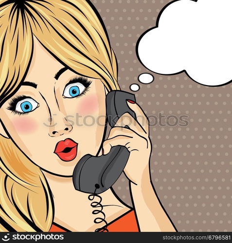 Surprised pop art woman chating on retro phone . Comic woman with speech bubble. Pin up girl. Vector illustration