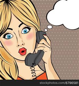 Surprised pop art woman chating on retro phone . Comic woman with speech bubble. Pin up girl. Vector illustration