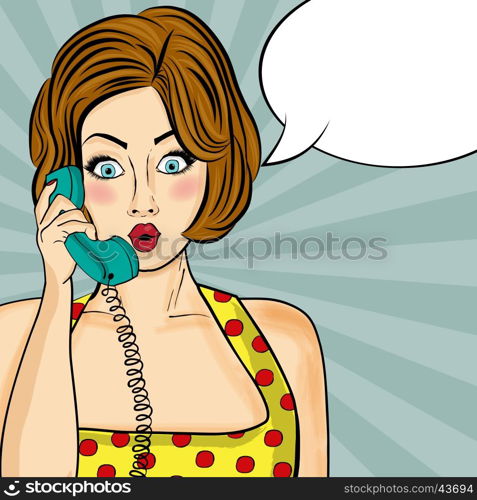 Surprised pop art woman chatting on retro phone . Comic woman with speech bubble. Pin up girl. Vector illustration.