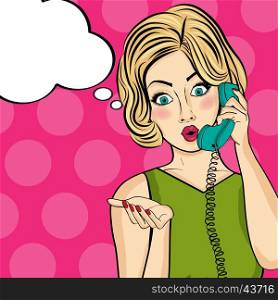 Surprised pop art woman chatting on retro phone . Comic woman with speech bubble. Pin up girl. Vector illustration.