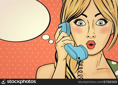 Surprised pop art woman chatting on retro phone . Comic woman with speech bubble. Pin up girl. Vector illustration.