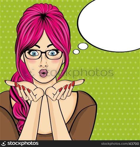 Surprised pop art woman . Comic woman with speech bubble. Pin up girl. Vector illustration