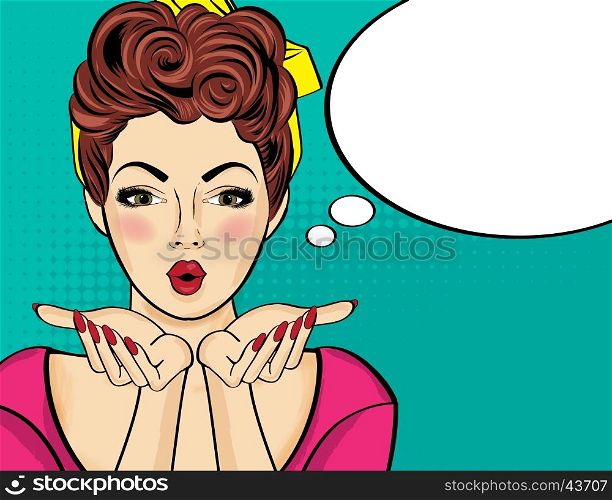 Surprised pop art woman . Comic woman with speech bubble. Pin up girl. Vector illustration