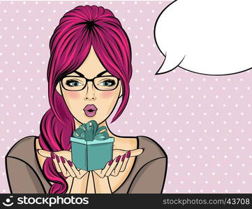 Surprised pop art woman that holds a gift in their hands . Comic woman with speech bubble. Pin up girl. Vector illustration.