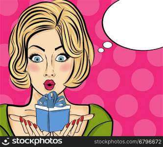 Surprised pop art woman that holds a gift in their hands . Comic woman with speech bubble. Pin up girl. Vector illustration.