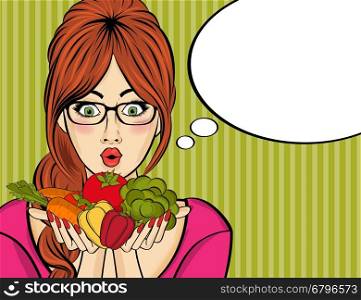 Surprised pop art woman that holds vegetables in her hands . Comic woman with speech bubble and healthy food. Vector image.