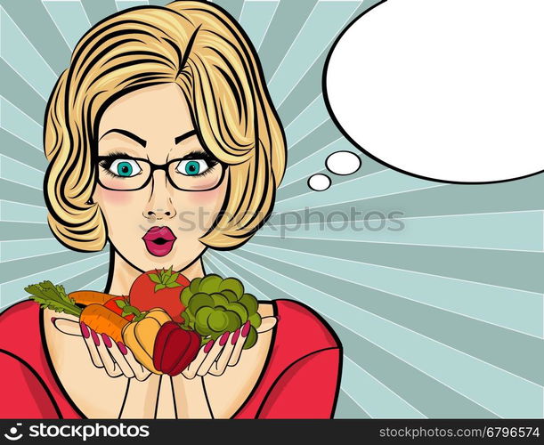 Surprised pop art woman that holds vegetables in her hands . Comic woman with speech bubble and healthy food. Vector image.