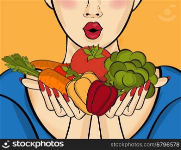 Surprised pop art woman that holds vegetables in her hands . Comic woman with speech bubble and healthy food. Vector image.