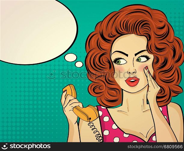 Surprised pop art woman with retro phone, who tells her secrets. Pin-up girl. Vector illustration.
