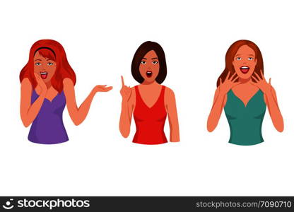 Surprised pretty woman. Astonished laughing girl cartoon vector set. Female face emotion, facial girl illustration. Surprised pretty woman. Astonished laughing girl cartoon vector set