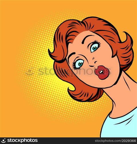 surprised red haired woman, pop art lady. human emotions. Comic cartoon hand drawing retro vintage. surprised red haired woman, pop art lady. human emotions