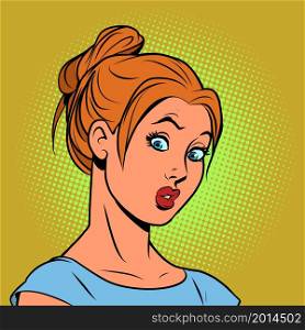 Surprised red haired young woman. Human emotions. Unexpected news, misunderstanding. comic cartoon hand drawing retro illustration. Surprised red haired young woman. Human emotions. Unexpected news, misunderstanding