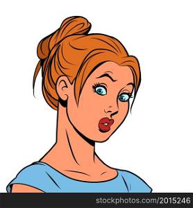 Surprised redhead young woman. Human emotions. Unexpected news, misunderstanding. comic cartoon hand drawing retro illustration. Surprised redhead young woman. Human emotions. Unexpected news, misunderstanding