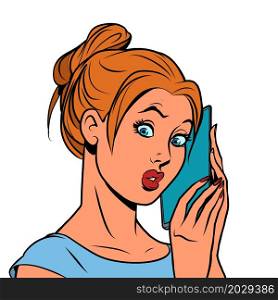 Surprised redhead young woman talking on the phone. comic cartoon hand drawing retro illustration. Surprised redhead young woman talking on the phone