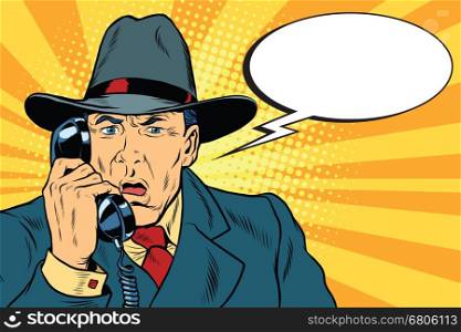 Surprised retro businessman talking on the phone. Pop art vector illustration. Surprised retro businessman talking on the phone