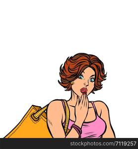 Surprised shopper red-haired woman. Pop art retro vector illustration drawing. Surprised shopper red-haired woman