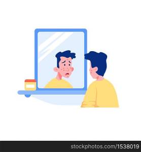 Surprised teenage guy with acne face looking at mirror vector graphic illustration. Unhappy teenager boy seen facial problem with skin isolated on white background. Surprised teenage guy with acne face looking at mirror vector graphic illustration