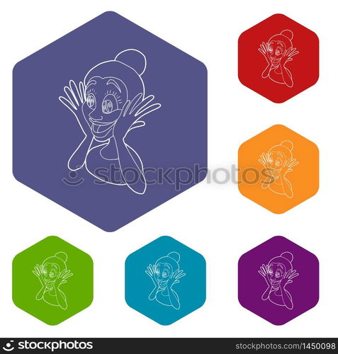 Surprised woman icons vector colorful hexahedron set collection isolated on white. Surprised woman icons vector hexahedron