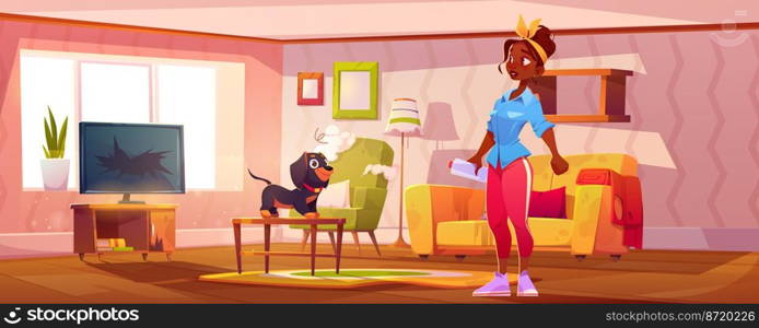 Surprised woman looking at naughty dog in messy room. Cartoon vector illustration of shocked female character standing in room with damaged furniture, broken TV. Funny playful pet sitting on table. Surprised woman looking naughty dog in messy room