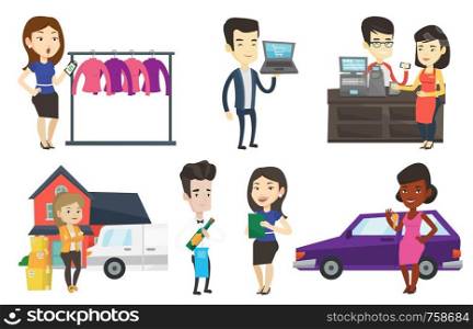 Surprised woman looking at price tag in clothing store. Woman shocked by price tag in clothing store. Woman staring at price tag. Set of vector flat design illustrations isolated on white background.. Vector set of shopping people characters.