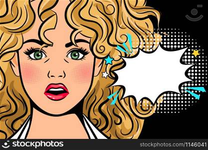 Surprised woman. Pop art shocked girls face for advertisement, advertising pretty cartoon vintage girl expression poster vector illustration. Surprised pop art woman poster