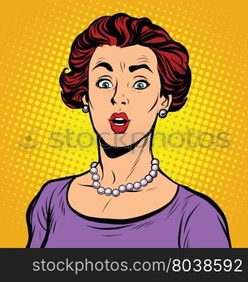 Surprised woman with a pearl necklace pop art retro vector realistic hand drawing illustration. Beautiful elegant white lady, Caucasian, look at the camera, wide eyes