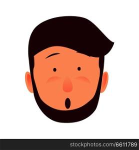 Surprised young man rosy face icon. Bearded, brown-haired male with confused facial expression flat vector isolated on white background. Hipster cartoon emotive portrait for user avatar illustration. Surprised Young Man Rosy Face Flat Vector Icon
