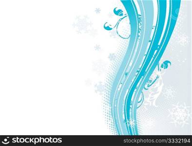 Surreal snowflakes design . Blue abstract background with waves, ribbons and snowflakes. Vector illustration.