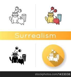 Surrealism art style icon. Abstract cultural movement. Still life contemporary painting. Experimental artwork. Linear black and RGB color styles. Isolated vector illustrations. Surrealism art style icon
