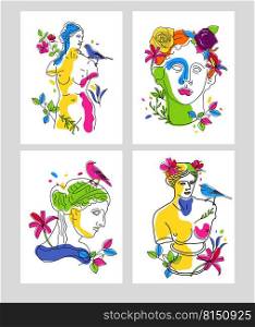 Surrealism. Modern conceptual art colorful poster with ancient statue.. Surrealism. Modern conceptual art colorful cards with ancient statue with flowers isolated on light colored background. Collage of contemporary art. Fashion design.