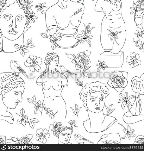 Surrealism. Modern conceptual art with ancient statue.. Seamless pattern of line ancient statue with flowers isolated on white background. Collage of contemporary art. Fashion design.