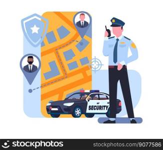 Surveillance and security for client or facility to ensure safety. Policeman with radio. Police car. Monitoring technology. Mobile city map app. GPS positioning pins. Officer tracking. Vector concept. Surveillance and security for client or facility to ensure safety. Policeman with radio. Police car. Monitoring technology. Mobile map app. GPS positioning. Officer tracking. Vector concept
