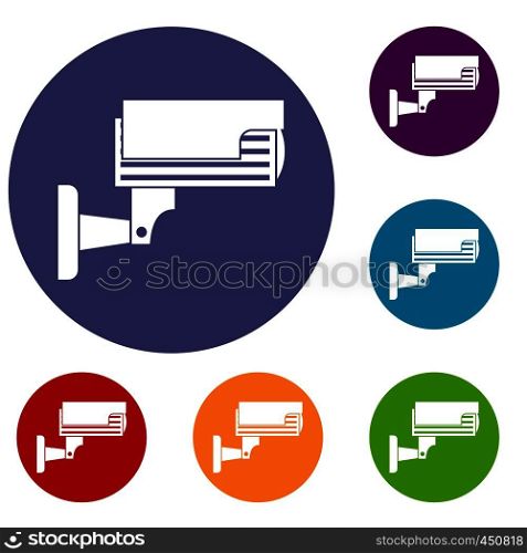 Surveillance camera icons set in flat circle reb, blue and green color for web. Surveillance camera icons set