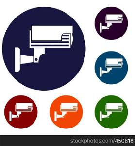 Surveillance camera icons set in flat circle reb, blue and green color for web. Surveillance camera icons set