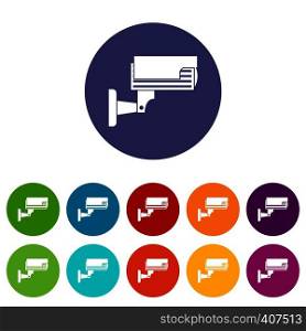 Surveillance camera set icons in different colors isolated on white background. Surveillance camera set icons