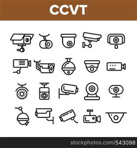 Surveillance Cameras, CCTV Linear Icons Vector Set. Security System, CCTV Thin Line Illustrations Collection. Home Safety Equipment. Wall, Ceiling Surveillance Cam Types Outline Symbols. Surveillance Cameras, CCTV Linear Icons Vector Set