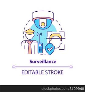 Surveillance concept icon. Physical security framework form abstract idea thin line illustration. Facial recognition. Isolated outline drawing. Editable stroke. Arial, Myriad Pro-Bold fonts used. Surveillance concept icon