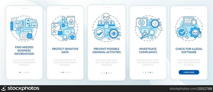 Surveillance legal uses blue onboarding mobile app page screen. Work control walkthrough 5 steps graphic instructions with concepts. UI, UX, GUI vector template with linear color illustrations. Surveillance legal uses blue onboarding mobile app page screen