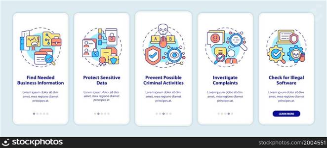 Surveillance legal uses onboarding mobile app page screen. Work control walkthrough 5 steps graphic instructions with concepts. UI, UX, GUI vector template with linear color illustrations. Surveillance legal uses onboarding mobile app page screen