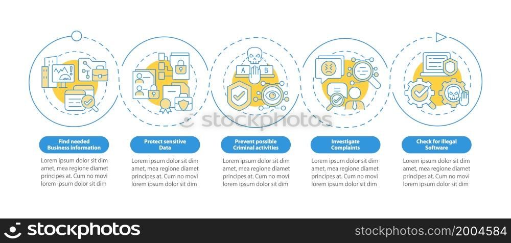 Surveillance legal uses vector infographic template. Work tracking presentation outline design elements. Data visualization with 5 steps. Process timeline info chart. Workflow layout with line icons. Surveillance legal uses vector infographic template