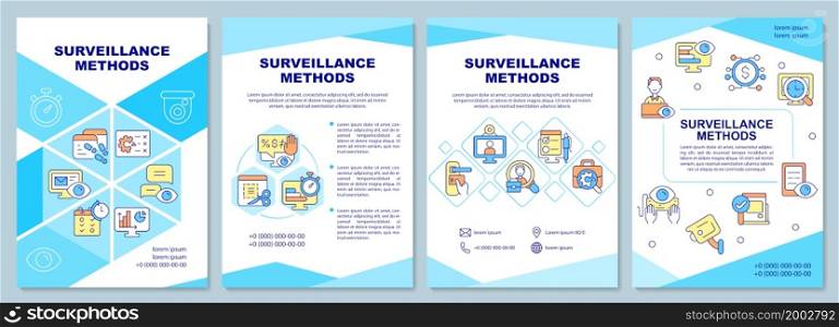 Surveillance methods brochure template. Employee monitoring. Flyer, booklet, leaflet print, cover design with linear icons. Vector layouts for presentation, annual reports, advertisement pages. Surveillance methods brochure template