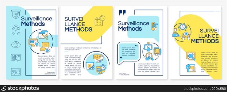 Surveillance methods colourful brochure template. Employee monitoring. Flyer, booklet, leaflet print, cover design with icons. Vector layouts for presentation, annual reports, advertisement pages. Surveillance methods colourful brochure template