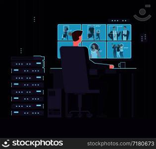 Surveillance monitoring room. Man watching surveillance camera on monitor in dark control room. Security service and cctv vector concept. Surveillance guard control, watching man screen illustration. Surveillance monitoring room. Man watching surveillance camera on monitor in dark control room. Security service and cctv vector concept