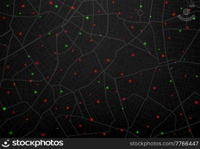 Surveillance or satellite tracking. Danger and safety road points, vector city police digital map screen. Satellite surveillance, geolocation and positioning tracking technology, city map background. Surveillance satellite tracking, police city map