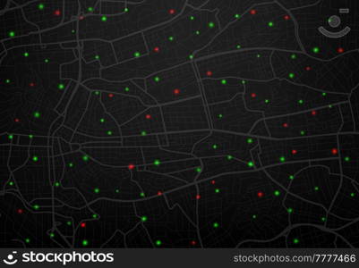 Surveillance or satellite tracking, digital city map vector screen, danger and safety road points. Satellite surveillance and geolocation or positioning tracking, world defense technology background. Surveillance, satellite tracking, digital city map