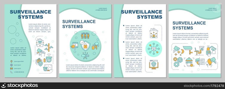 Surveillance system features mint brochure template. Cameras usage. Flyer, booklet, leaflet print, cover design with linear icons. Vector layouts for presentation, annual reports, advertisement pages. Surveillance system features mint brochure template