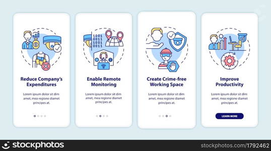 Surveillance system for business technologies onboarding mobile app page screen. Cam walkthrough 4 steps graphic instructions with concepts. UI, UX, GUI vector template with linear color illustrations. Surveillance system for business technologies onboarding mobile app page screen