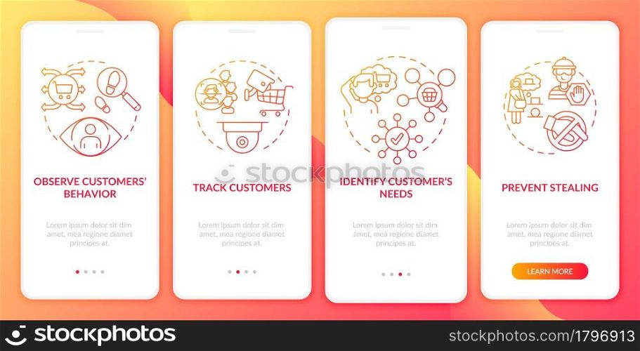 Surveillance system in retail onboarding mobile app page screen. Track customers walkthrough 4 steps graphic instructions with concepts. UI, UX, GUI vector template with linear color illustrations. Surveillance system in retail onboarding mobile app page screen